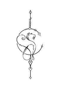 a black and white drawing of a cat hanging from a hook with an arrow on it