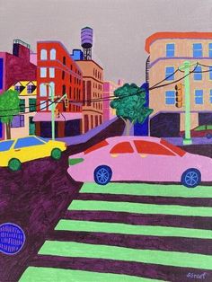 a painting of cars driving down a street