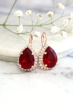 Ruby Red Earrings, Red Crystal Drop Earrings, Bridal Ruby Red Crystal Swarovski Earrings, Christmas Red Earrings, Bridesmaids Earrings Luxury Ruby Earrings With Latkans, Red Teardrop Earrings For Formal Occasions, Red Drop Bridal Earrings As Gift, Red Drop Earrings For Bridal Gift, Red Teardrop Earrings For Evening, Prom 23, Drop Earrings Bridal, Dark Blue Earrings, Prom 2022