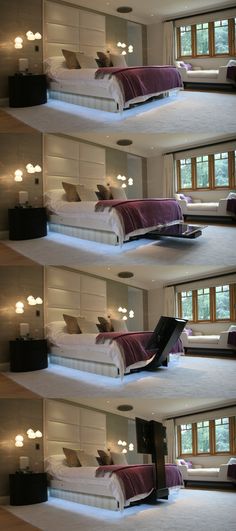 multiple shots of a bed with purple sheets and pillows