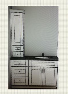 a white bathroom vanity with black counter top next to a wall mounted cabinet and mirror