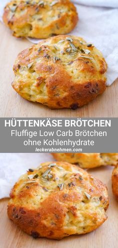 three different images of breads on a wooden table with text overlay that reads, huttenkase brochure fluffle low carb bruchen