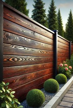 a wooden fence and some bushes in front of it