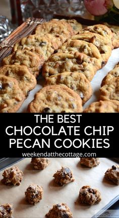 the best chocolate chip pecan cookies are on a baking sheet and ready to be eaten