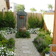 a small garden with white flowers and plants