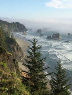 the coast line is surrounded by trees and cliffs