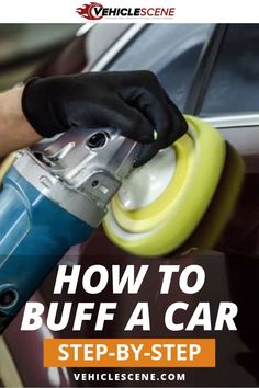 a car being waxed with a blue and yellow sprayer on it's side