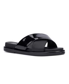 in stock Sleek Black Sandals For Spring, Elegant Black Slides For Summer, Sleek Black Sandals For Summer, Modern Black Sandals For Vacation, Sleek Sandals For Summer Beach, Modern Black Beach Sandals, Sleek Black Flat Sandals, Elegant Black Synthetic Slides, Elegant Black Slides For Beach