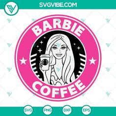 a woman holding a cup of coffee in front of a pink circle with the words barbieie