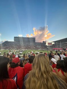 a crowd of people sitting on top of a field at a football game in the sun