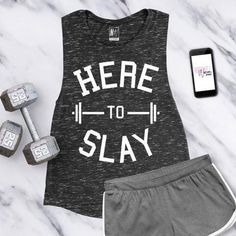 Slay Funny, Here To Slay, Funny Workout Tanks, Slides Outfit, Muscle Workout, Casual Skirt Outfits, Women's Muscle, Workout Tank Top, Workout Humor