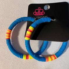 Paparazzi Trendy Multicolor Hoop Earrings For The Beach, Vibrant Blue Earrings For Party, Blue Hoop Earrings For Summer Gift, Blue Hoop Earrings As A Summer Gift, Blue Hoop Earrings As Summer Gift, Fun Blue Jewelry For Summer, Playful Blue Jewelry For Party, Fun Blue Summer Jewelry, Adjustable Vibrant Blue Jewelry