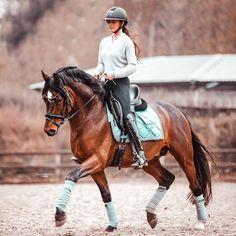 a woman riding on the back of a brown horse