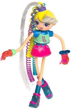 a doll with long blonde hair and boots holding a colorful object in her hand,