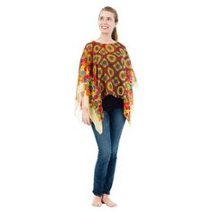 Up2date Fashion's Women's Rainbow Mix Print Poncho is a colorful, free-spirited, fashion accessory that looks great worn over dress pants, jeans, shorts, and skirts. Made of extremely lightweight, see-through, polyester, silky soft chiffon, this women's poncho has a comfortable nine-inch neck opening and no side seam and is easily cared for with regular machine washing. With a length and width of 64 inches and a top-to-bottom measurement of 26 inches, this poncho fits women of most sizes from ex One Size Casual Poncho For Spring, Casual Fall Beach Poncho, Casual Fall Poncho For The Beach, Casual One Size Poncho For Festivals, Casual One Size Festival Poncho, Hippie Multicolor Poncho For Beach, Multicolor Hippie Beach Poncho, Trendy One-size Poncho For Spring, Casual Multicolor Fall Poncho