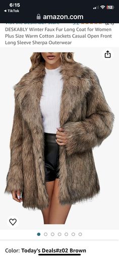 a woman wearing a fur coat and black leather shorts is shown on the amazon page