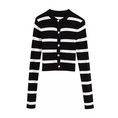 Long sleeve dark blue and white stripes cardigan sweater, with gold buttons. Striped Long Sleeve Cardigan With Buttons, Striped Long Sleeve Sweater With Button Closure, Striped Sweater With Button Closure For Fall, Striped Button-up Fall Sweater, Striped Button-up Sweater For Fall, Elegant Striped Winter Sweater, Fall Striped Sweater With Button Closure, Fall Striped Button-up Sweater, Striped Long Sleeve Sweater With Buttons