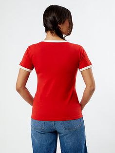 Upgrade your casual look with the Wrangler x PacSun Slim Ringer T-Shirt. It features short sleeves and a crew neckline with contrast bonding for a retro touch. The front is adorned with the Original Wrangler graphic, adding a classic twist to this slim-fit tee. Retro Summer Tops For Everyday, Retro Summer Tops For Everyday Wear, Wrangler Women, Molten Lava, Ringer Tee, Workout Tee, Women's Tops, Pacsun, Crew Neckline