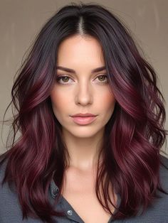 I think black hair with subtle highlights are great natural hair color ideas. These hair highlights are easy to apply and don't cover the whole hair. You can even use hair dye to get these styles at home. #haircolor #hairhighlights #blackhairwithhighlights #colorstreaksonhair Merlot Highlights On Brown Hair, Red Violet Highlights In Brown Hair, Black Cherry Hair Color With Highlights Burgundy Red Ombre, Low Maintenance Hair Color Brunette Fall, Deep Red Highlights In Brown Hair, Caramel Highlights On Dark Hair Medium Length, Black Hair With Magenta Highlights, Brown Hair With Burgundy Underneath, Brunette With Burgundy Highlights