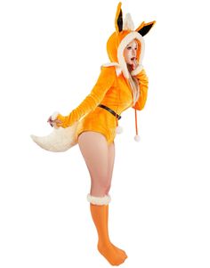 a woman dressed in an orange fox costume