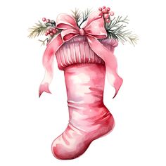 a watercolor christmas stocking with a pink bow and holly on top, painted by hand