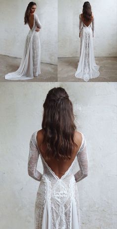 the back of a woman's wedding dress, with long sleeves and open shoulders