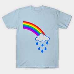 a blue t - shirt with a rainbow and rain coming out of the clouds on it