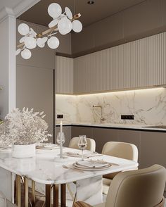 an elegant dining room with marble table and chairs