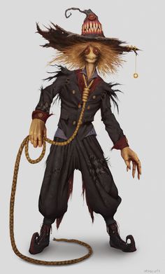 a drawing of a creepy scarecrow holding a rope and wearing a hat with long hair