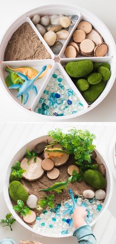 a child's hands are playing with sand and rocks in a play tray filled with plants