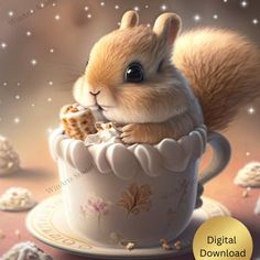 a digital painting of a squirrel in a teacup eating some food from it's saucer