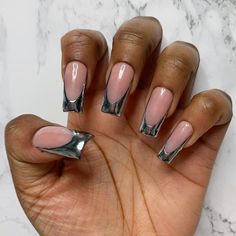 silver chromefrench nails Silver Chrome French Tip, French Tip Chrome, Chrome French Tip, Gold French Tip, Press On Nails Almond, Chrome French, Cat Eye Nails Polish, French Tip Press On Nails, Punk Nails