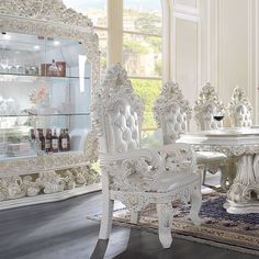 Indulge in the epitome of sophistication with the Adara Dining Table—an exquisite masterpiece inspired by the intricate Rococo style. Immerse yourself in the grandeur of design as every detail whispers tales of opulence and refinement. This dining table is not merely furniture; it's a statement, a conversation piece, and an enchanting centerpiece that will leave guests in awe. Cottagecore Dining Room, Dining Chairs White, Dining Seating, Midcentury Style, Natural Aesthetic, White Dining Chairs, Chair White, Acme Furniture, Carved Designs