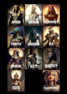 an image of the egyptian gods and their names in different styles, sizes and colors