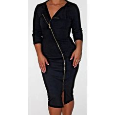 Roserry Black Chelsea Midi Pencil Dress With Diagonal Gold Zip Front Size 10 New Without Tags Chelsea Zipped Jersey Midi Dress In Black Made From A Stretchy Jersey Fabric, It Features A Full Length One-Way Zipper Down The Front, 3/4 Sleeves And A Blazer Collar Style. 67 % Viscose, 28% Nylon, 5% Spandex Hand Wash Midi Length Dress Made In: Romania Designed In New Zealand | Ethically Handmade In Romania Chic Bodycon Dress With Zipper For Night Out, Fitted Chic Midi Dress, Chic Fitted Midi Dress With Zipper Closure, Chic Fitted Midi Dress With Zipper, Chic Midi Dress With Zipper Closure For Party, Chic Party Midi Dress With Zipper Closure, Spring Bodycon Dress For Night Out With Zipper Closure, Chic Knee-length Bodycon Dress With Zipper Closure, Chic V-neck Bodycon Dress With Side Zipper