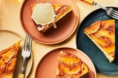 three plates with slices of pie on them, one has ice cream and the other has an orange slice