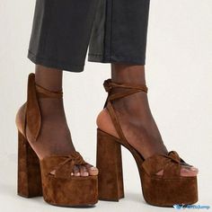 Orcajump - Elegant Suede Platform Sandals - Brown, Featuring Chic Knot Detail, Open Toe, Ankle Tie, and Block Heel Chunky Heel Platform Sandals, Block Heel Platform Sandals, Faux Suede Fabric, Platform Block Heels, Platform Heels Chunky, Platform High Heels, Lace Up Sandals, Red Suede, Brown Sandals