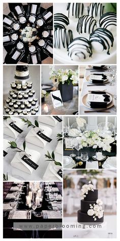 black and white wedding decor is featured in this collage with flowers, napkins, and plates