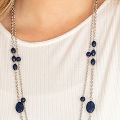 A Pair Of Lengthened Silver Chains Are Accented With Deep Navy Blue Faceted Beads In Varying Sizes For A Delightfully Whimsical Display. Features An Adjustable Clasp Closure. Sold As One Individual Necklace. Includes One Pair Of Matching Earrings. Elegant Blue Jewelry With Beaded Chain, Elegant Blue Beaded Chain Jewelry, Elegant Blue Beaded Necklace With Adjustable Chain, Blue Beaded Necklaces With Chain, Elegant Blue Beaded Necklaces With Chain, Blue Jewelry With Round Bead Chains, Blue Jewelry With Round Beads Chain, Deep Navy Blue, Silver Chains