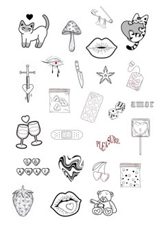 an image of various stickers on the back of a white sheet with black ink