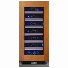 a wine cooler with many bottles in it and lights on the front, side by side