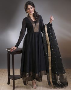 #black #brocade #bold #beautiful #evening #occasion #anarkali #flowy #silhouette #gold #pants #dressy #glam #stylish #women #fashion #Fabindia Border Saree Dress Pattern, Mangalagiri Dress Designs, Silk Kurti Designs, Long Gown Design, Anarkali Dress Pattern, Simple Kurta Designs, Designer Kurti Patterns, Salwar Designs, Gaun Fashion