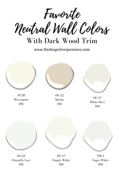 the most neutral paint colors with dark wood trim in different shades, from white to beige