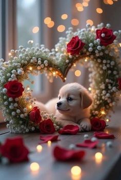 a puppy sitting in front of a heart shaped wreath with roses and baby's breath