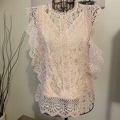 New With Tag Never Worn Purchased From Neiman Marcus. Original Price $74.99 Chic Pink Lace Top For Summer, Chic Pink Lace Top, Feminine Lace Top For Spring Brunch, Pink Lace Top With Ruffles For Spring, Boho Plaid, Kimono Sleeve Top, Black Tape, Half Sleeve Blouse, Animal Print Blouse