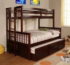 a bunk bed sitting on top of a wooden floor next to a dresser and mirror