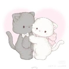 two gray and white kittens sitting next to each other on a pink background with the caption hello kitty