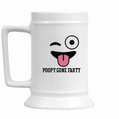 a white mug with the words poopy gone party on it's side