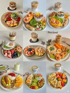 several pictures of different types of food on plates