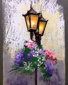 a painting of a lamp post with flowers in it